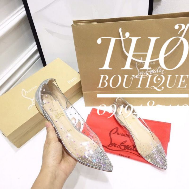 Giày bệt búp bê Lou.bou.tin xuất xịn mica trong suốt đính đá màu đen, vàng, bạc size 35 đến 38