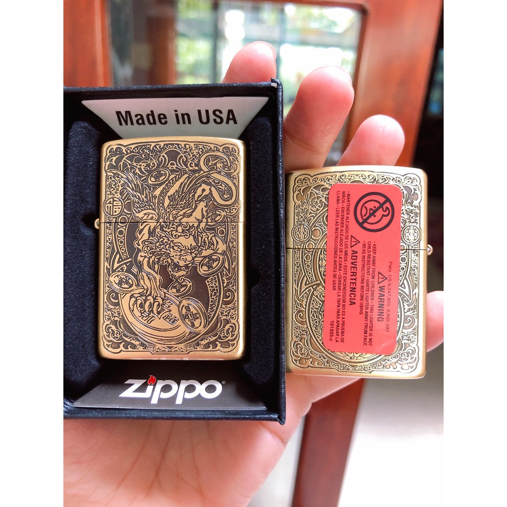 VỎ BẬT LỬA Zippo Tỳ Hưu Khắc Chìm 5 Mặt- MÀU VÀNG - VÀNG