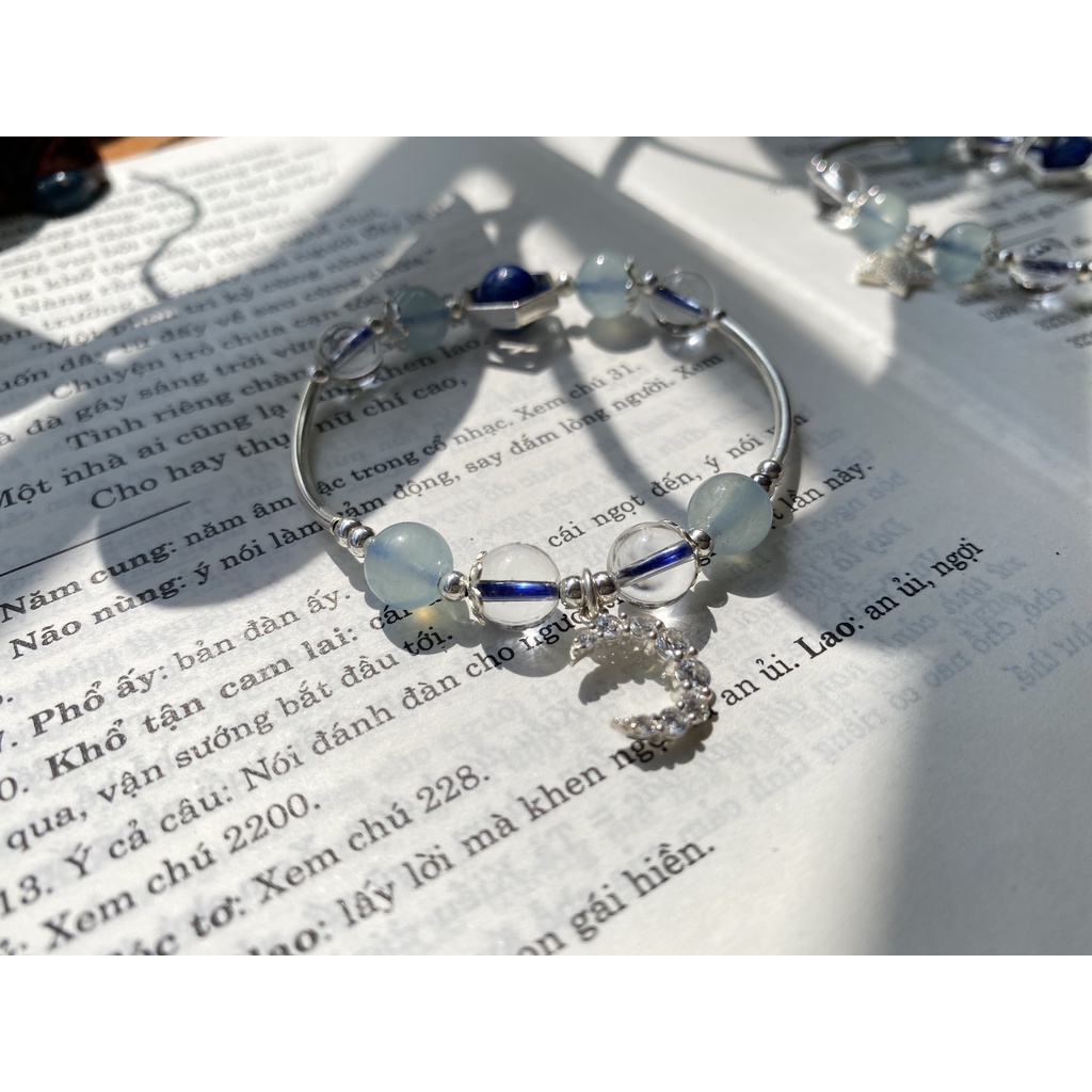 Vòng Phong Thủy mệnh Kim - Thủy. Đ.á Aquamarine kết hợp đ.á Mặt Trăng mix charm Trăng - Sao