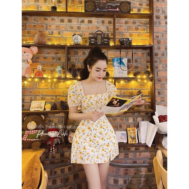 Váy hoa tay bồng cổ vuông hoạ tiết dâu tây hoa lá siêu xinh