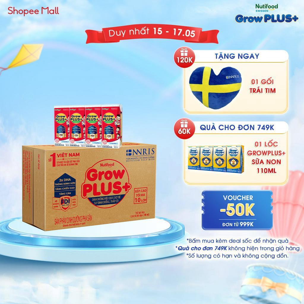 Thùng Sữa Bột Pha Sẵn Nutifood GrowPLUS+ ít đường Suy Dinh Dưỡng - Trên 1 Tuổi - Tăng Cân, Tăng Chiều Cao (48 Hộp x 180m