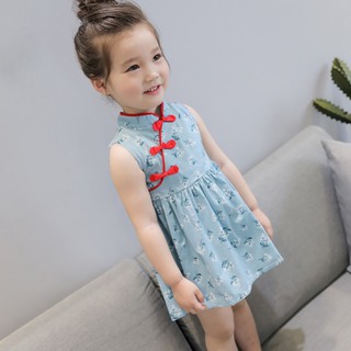 Đầm Bé Gái Kids Girls Cute Flower Print Dress Chinese Style Vintage Cheongsam Qipao