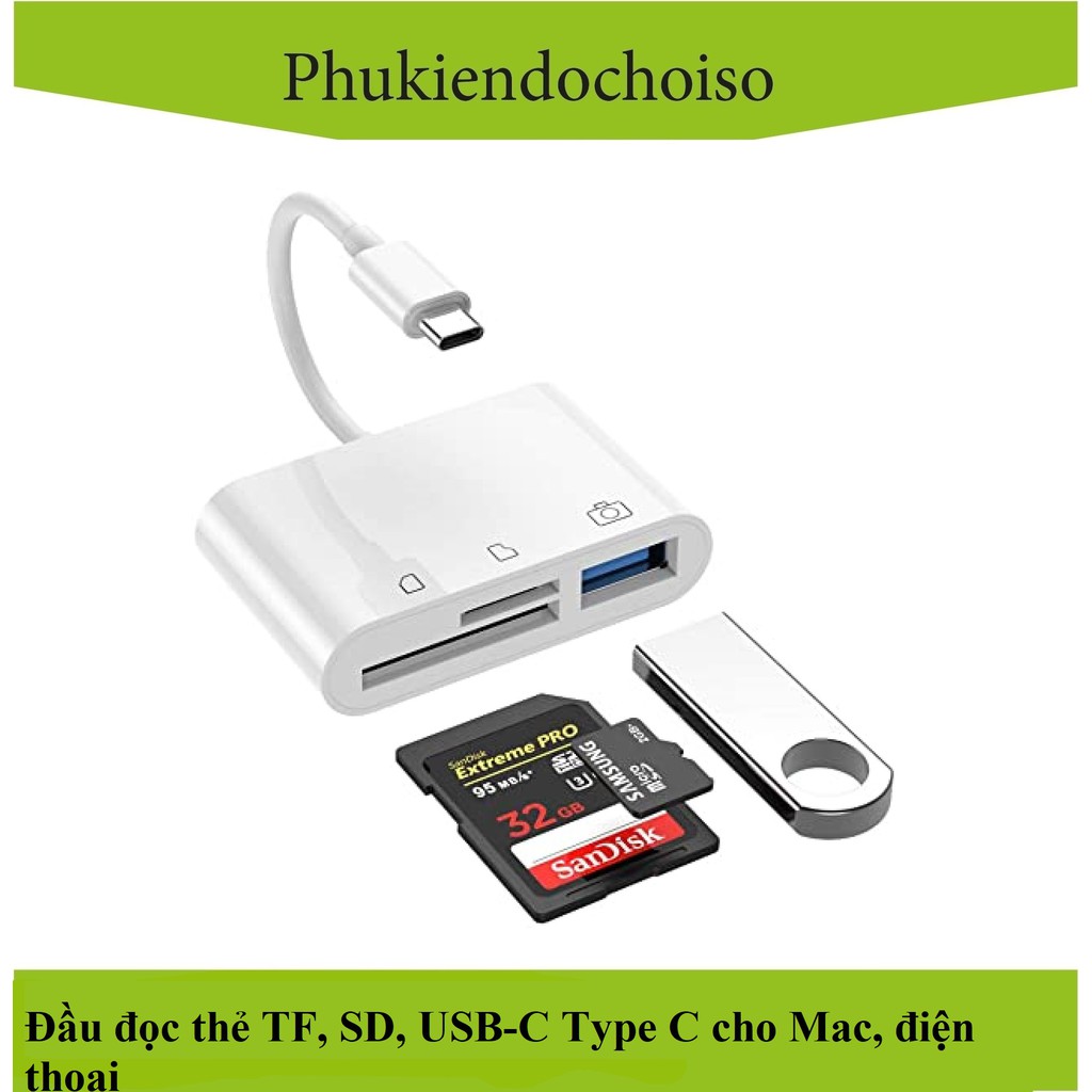 Đầu đọc thẻ TF, SD, USB chuẩn Type C cho Mac, điện thoại