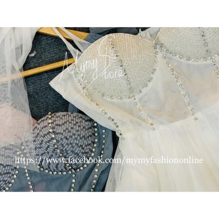 Đầm xoè 2 dây cột nơ ngực kết đá pha lê dày sang trọng - size M/L  MS278V