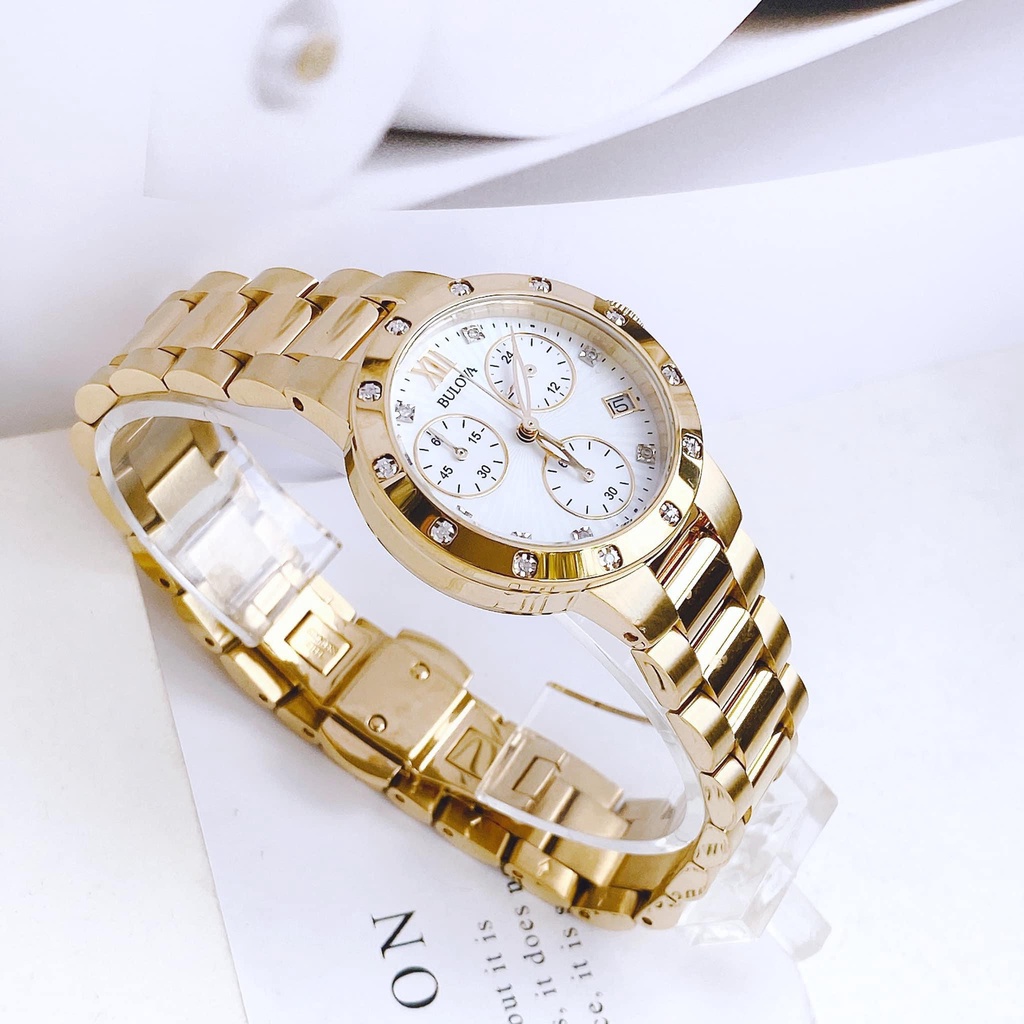 Đồng hồ nữ Bulova 6 kim dây vàng, mặt trắng