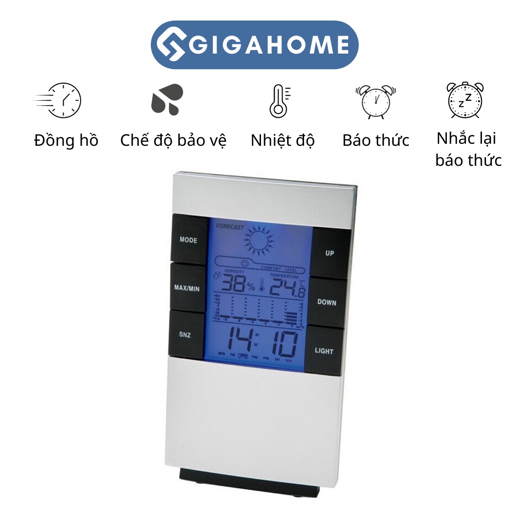Đồng Hồ Đo Nhiệt Độ Phòng GIGAHOME Có Thời Gian, Báo Thức Màn Hình LCD 5538