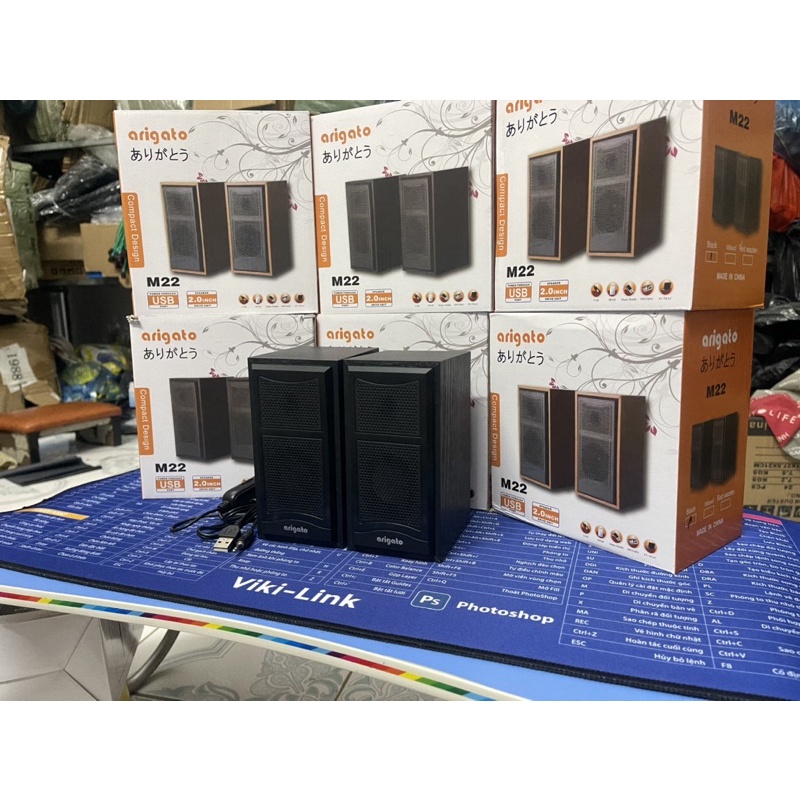Loa máy tính vi tính laptop mini để bàn vỏ gỗ Arigato M22 loa Loyfun bass giá rẻ âm thanh hay, hình thức đẹp, chuẩn 3.5.