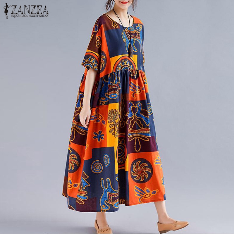 Đầm maxi ZANZEA dáng rộng tay cánh dơi in họa tiết thời trang cho nữ