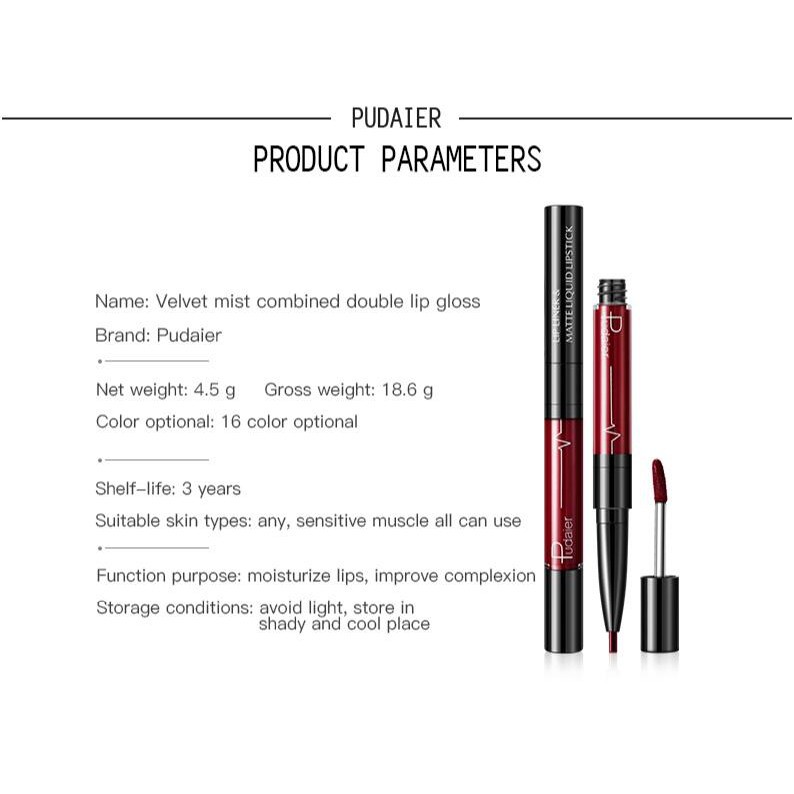 Son môi kem lì 2 đầu Pudaier có 16 màu tùy chọn 18.6g