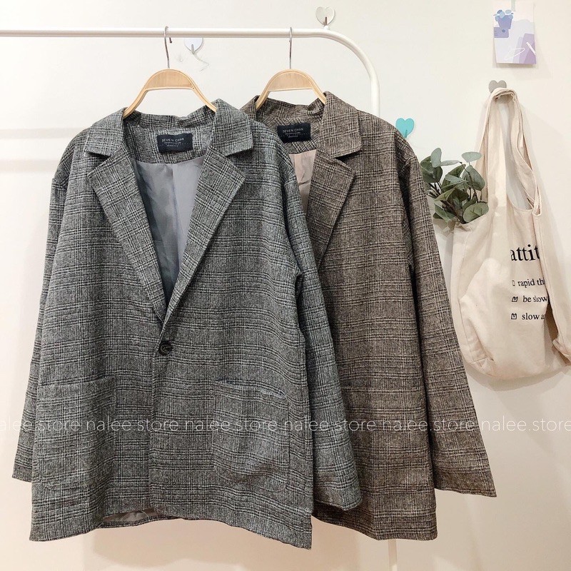 Khoác blazer dạ kẻ 2 lớp