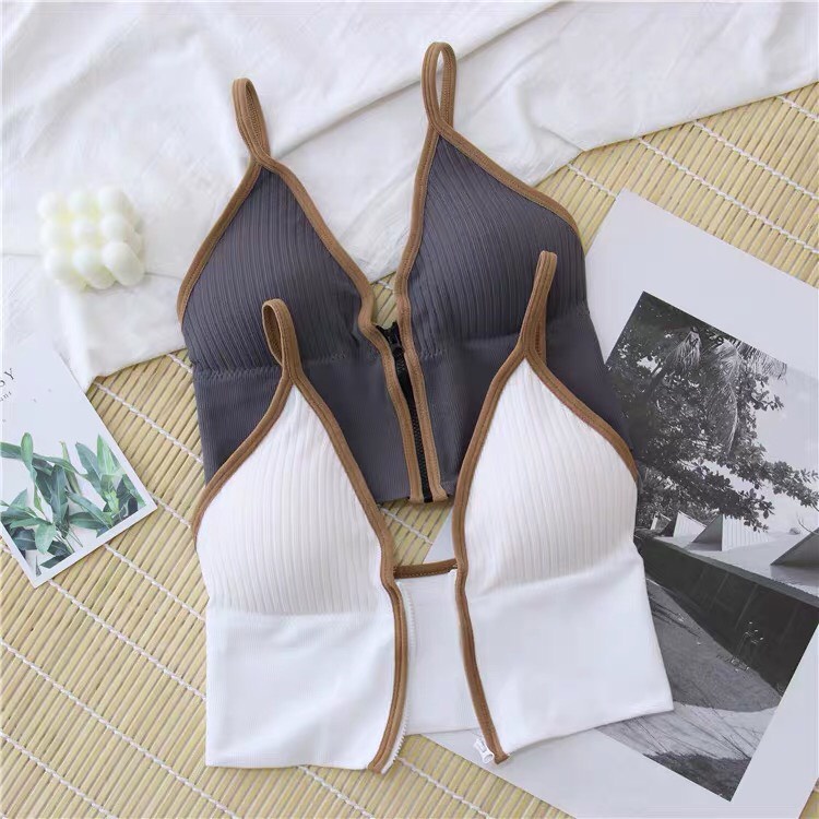 Áo Bra Nữ Tập Hai Dây CopTop Kéo Khóa Trước Dáng Ôm Len Tăm Dệt Kim Có Mút Ngực PINK STORE