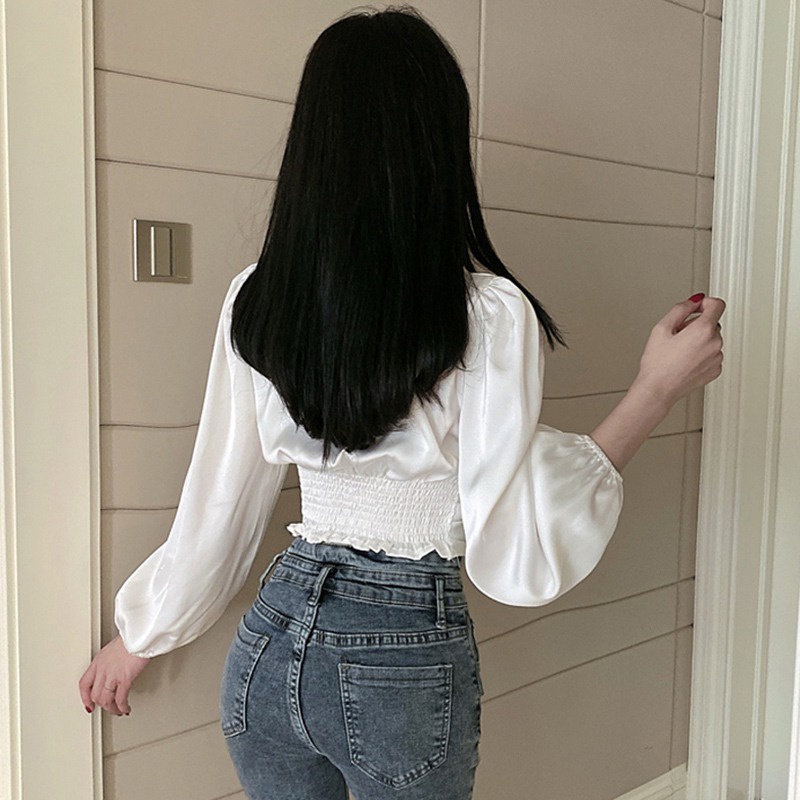 Áo Croptop Tay Dài Cổ Chữ V Màu Sắc Đơn Giản Phong Cách Hàn Quốc Quyến Rũ Cho Nữ