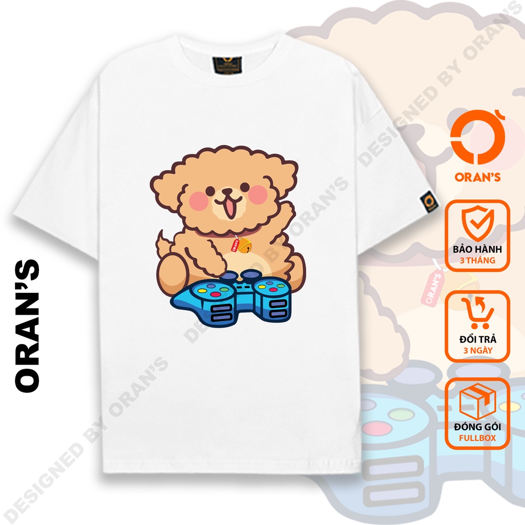 Áo thun tay lỡ ORAN'S Couple Tee in hình chó Poodle nâu chơi game 12 áo đôi nam nữ Oversize chất cotton FULLBOX - ORANS