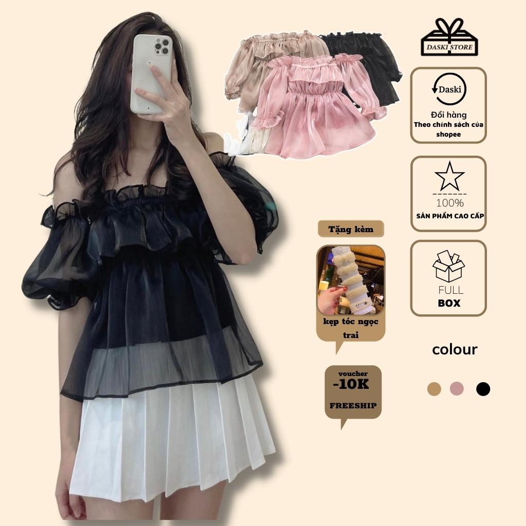 Áo trễ vai tay lỡ, áo croptop nữ trơn tay bồng vải tơ mềm 2 lớp bo chun 3 màu DASKI