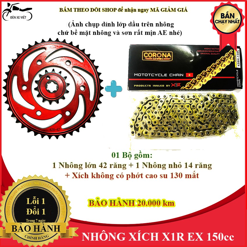 Bộ Nhông xích đĩa Nhông sên dĩa Exciter 150 cc Nhông đỏ 42-14, xích vàng 10 ly không có phớt cao su chính.hãng X1R