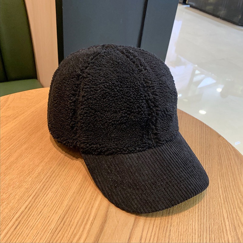 Mũ lưỡi trai gân nhung phối lông cừu phong cách ullzang