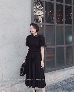 Chân váy midi xếp li kèm đai