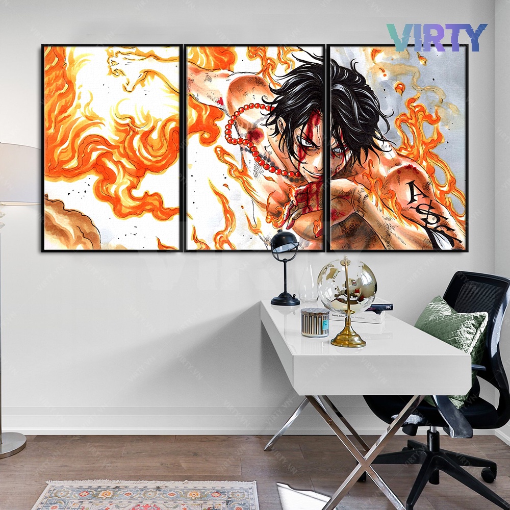 Bộ 3 Tranh treo tường anime ONE PIECE kèm khung composite VIRTY Tranh Canvas decor phòng ngủ, phòng làm việc ANIME