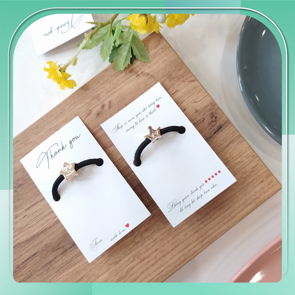 Dây buộc tóc hình dễ thương ánh vàng kèm thiệp cảm ơn, dây cột tóc