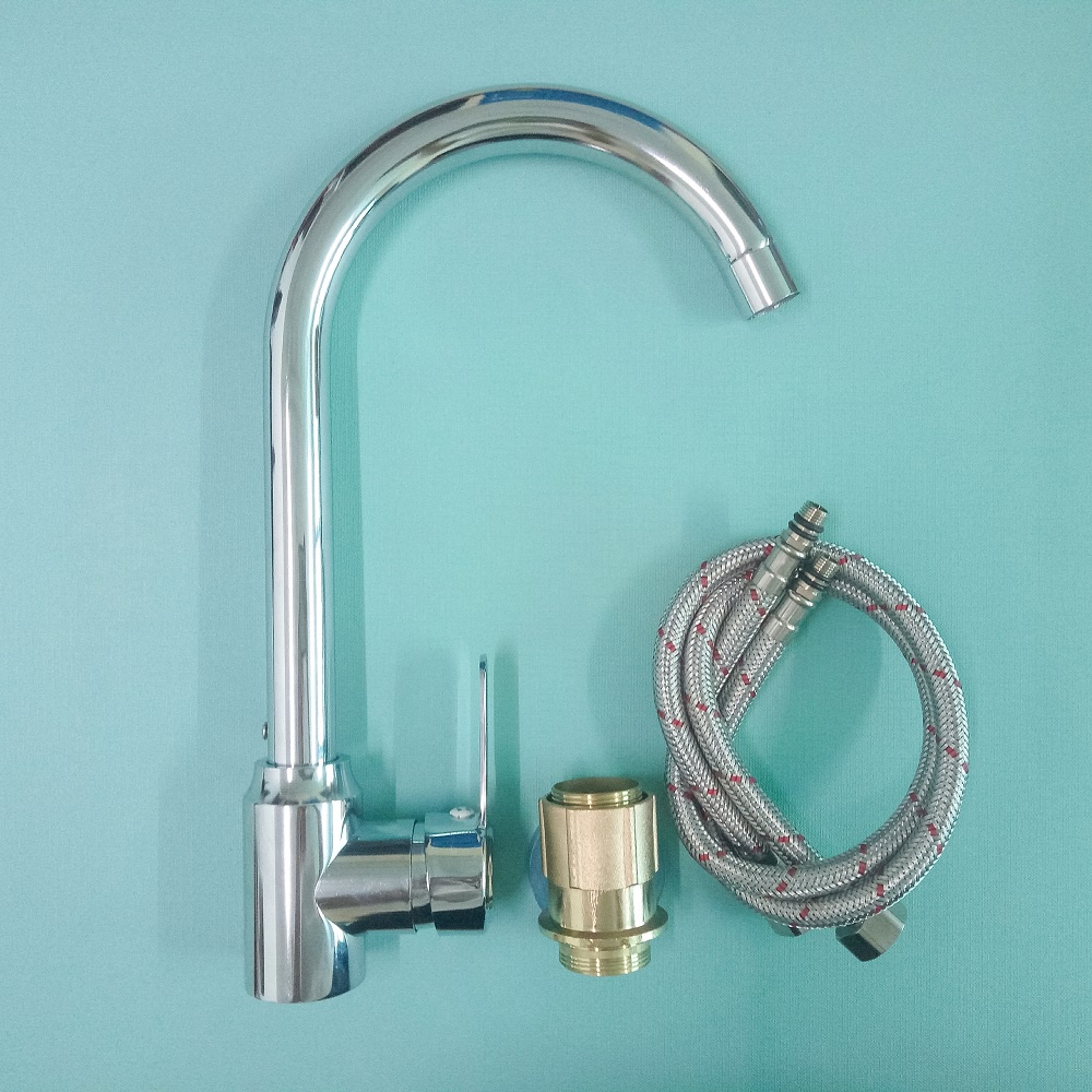 (Kèm dây cấp nước) Vòi rửa chén bát nóng lạnh inox bóng cần cứng cổ bi xoay 360 độ siêu bền tay gạt mỏng dẹt mẫu mới