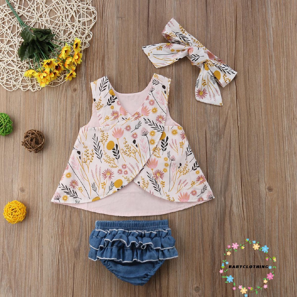 Set Áo Sát Nách In Hoa+Quần Short Denim+Băng Đô Cho Bé Gái