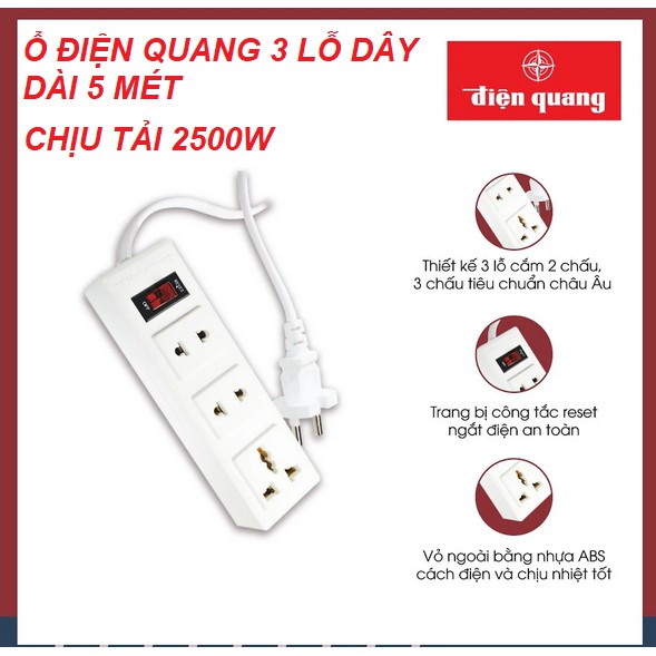 Ổ cắm điện chịu nhiệt Điện Quang 3 lỗ - Dây dài 5 mét | CHỊU TẢI 2500W