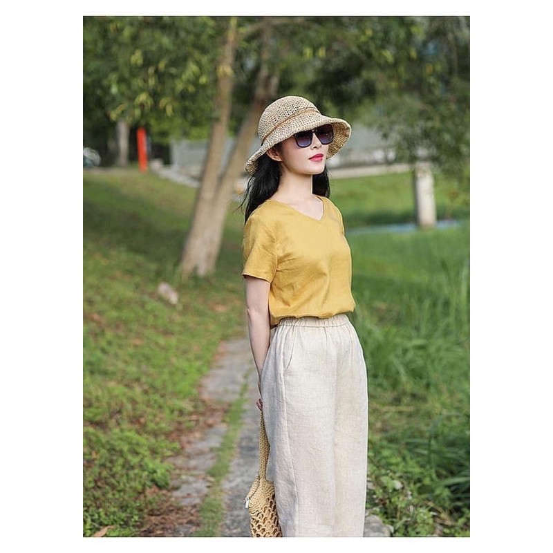 Bộ Quần Áo Nữ Dành Cho Mùa Hè Lửng Vàng Be Thoáng Mát Linen | BigBuy360 - bigbuy360.vn