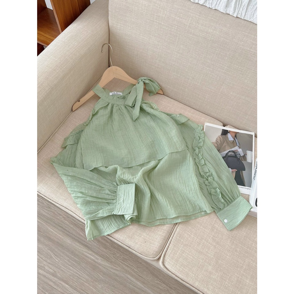 Áo babydoll cổ yếm thắt nơ hở vai viền bèo tiểu thư ulzzang