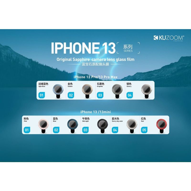 Bộ 3 dán mắt camera Kuzoom cho iPhone 13 Mini, 13, 13 Pro, 13 Pro max 14,14 pro,14 plus,14 pro max bảo vệ từng mắt