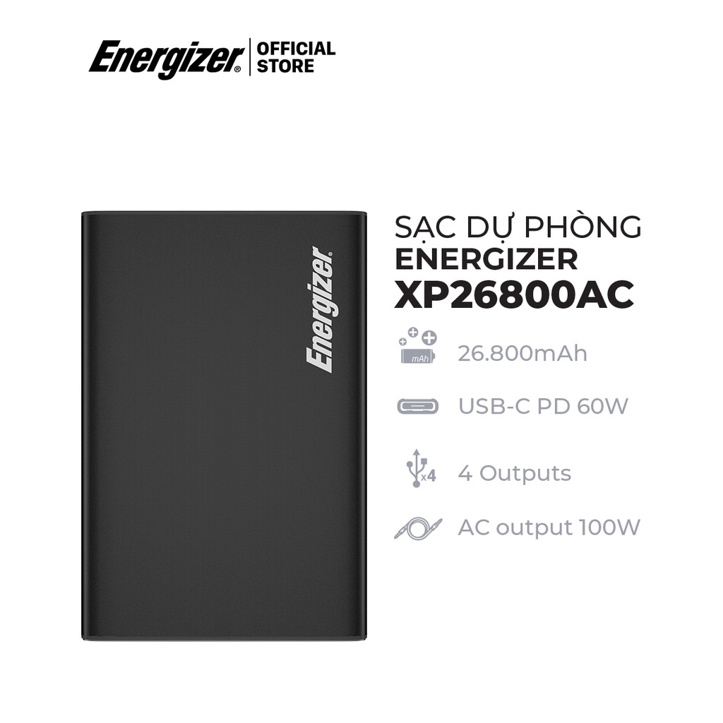 Sạc dự phòng Energizer XP26800AC - tích hợp 4 cổng outputs, công suất 100W - Hàng chính hãng