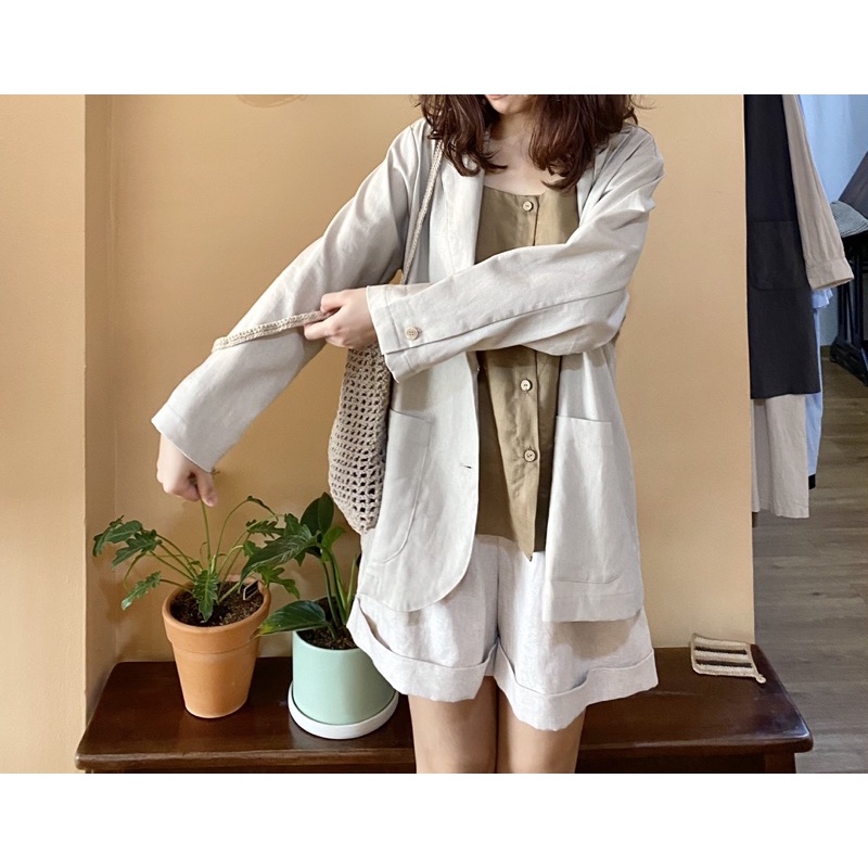 Blazer beige linen bột dày