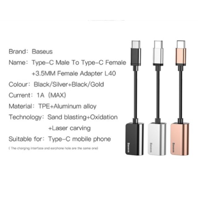 Đầu chuyển Type C sang Audio 3.5mm & Type C Baseus L40 (12cm Type C Male to Type C Female + 3.5mm Female Adapter)