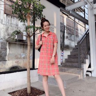 Đầm thun sọc vuông cổ polo