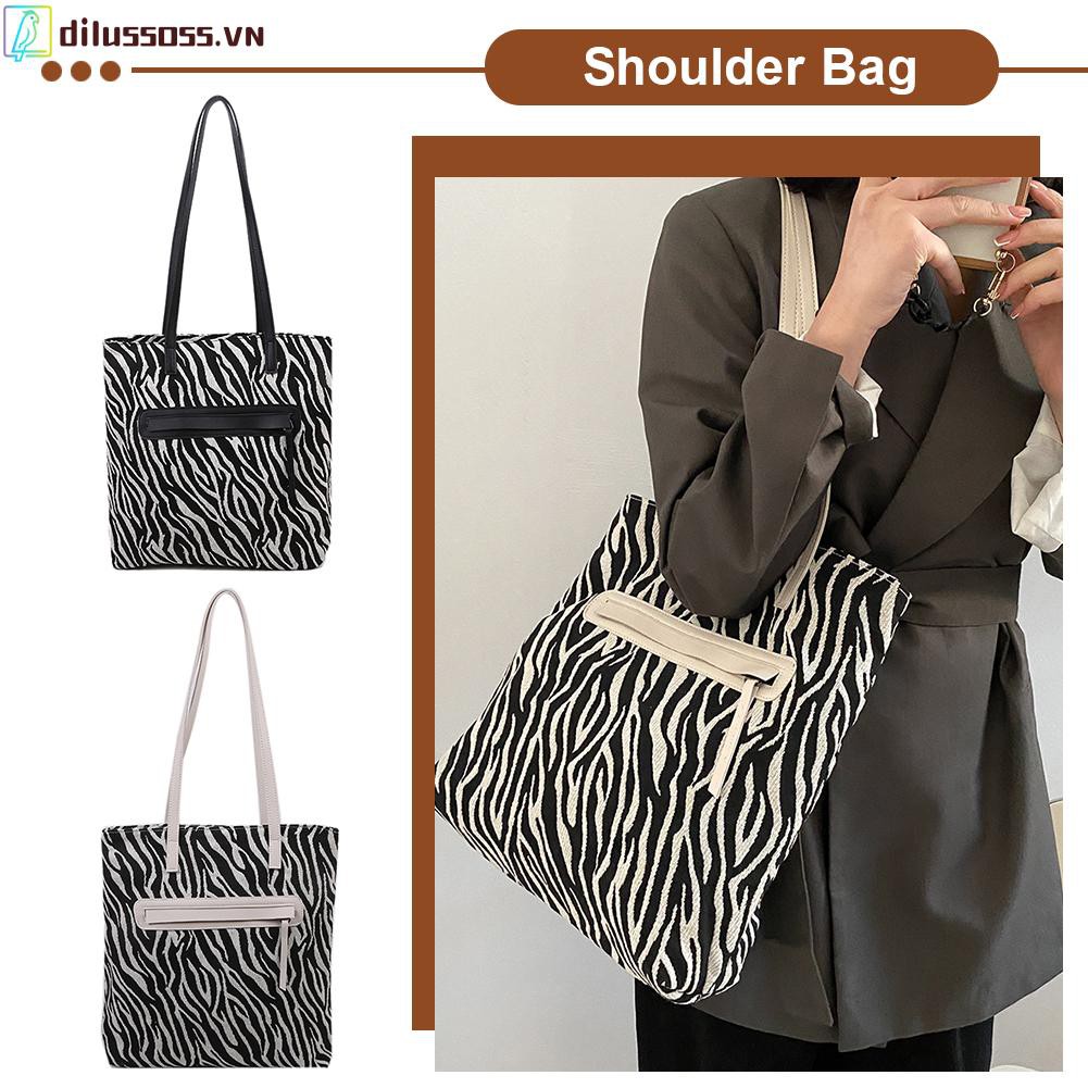 [DILUSSOSS] túi xách tay phụ nữ  Fashion Women Zebra Pattern Shoulder Bag Vintage Zipper Canvas Underarm Bag