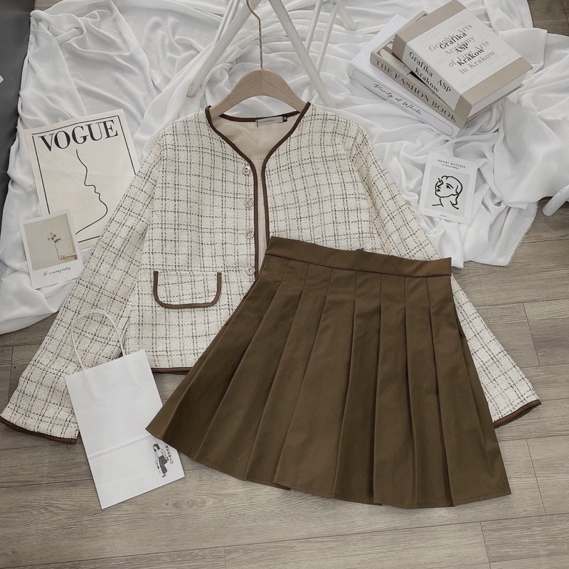 Sét dạ nữ phối viền cúc ngọc + chân váy xếp ly kèm ảnh thật - hàng có sẵn