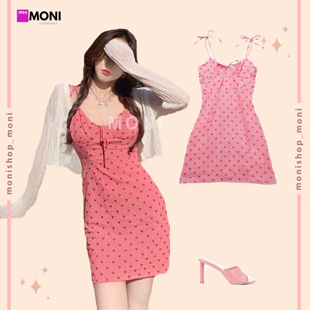 Đầm 2 dây ôm body cột nơ ngực họa tiết trái tim có dây tăng đơ (kèm mút) D86