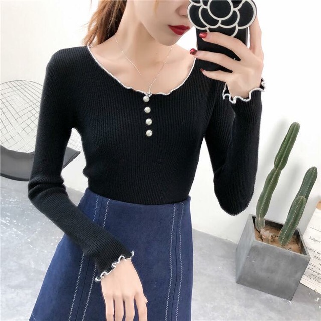 (HÀNG MỚI VỀ) Áo len cúc ngọc tay điệu tiểu thư | BigBuy360 - bigbuy360.vn