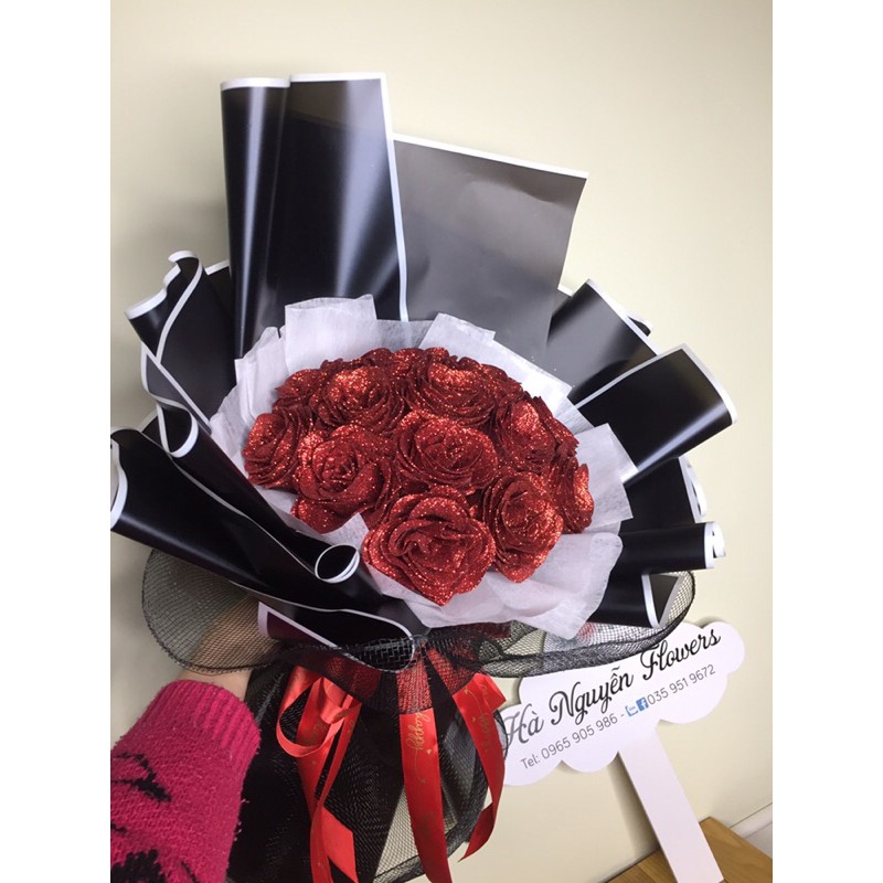 [QUÀ SINH NHẬT]- Bó hoa hồng sáp nhũ 15 bông cao cấp tặng kèm thiệp