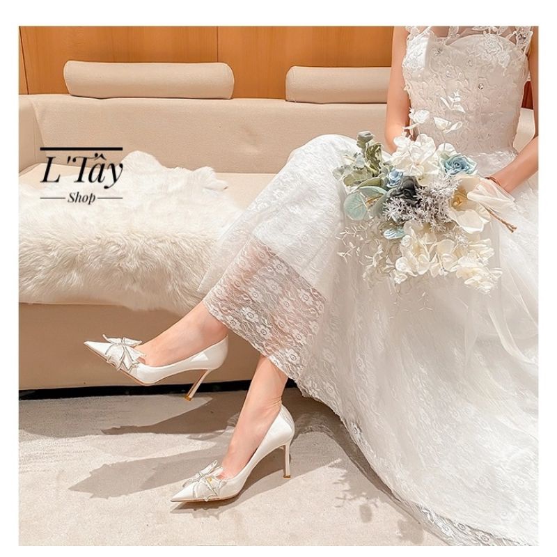 Giày cưới đính nơ đá điệu đà dành cho cô dâu- Khắc tên miễn phí