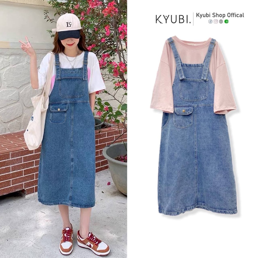 Yếm Váy Jean Dài Ulzzang 2 dây có túi trước [Có Set ]  - Set Váy Yếm Kyubi POMI VYJ01