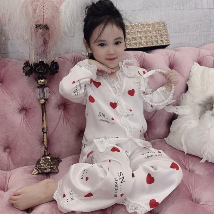 Bộ Ngủ Pijama Lụa Satin Hình Tim Dài Tay Bé Gái [BN07] - Babi mama  ཾ