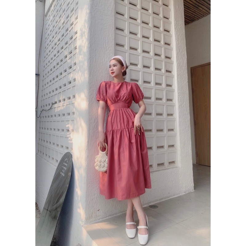 Đầm Midi Nữ Dây Đan Lưng Cộc Tay 🦋 Váy Nữ Cộc Tay Eo Thun 2 Màu 🦋 | BigBuy360 - bigbuy360.vn