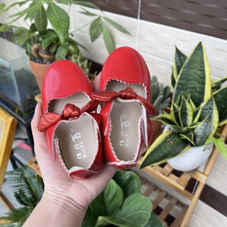 [SALE] Giày trẻ em giày búp bê bé gái da bóng đính nơ màu đen, ẢNH CHỤP THẬT