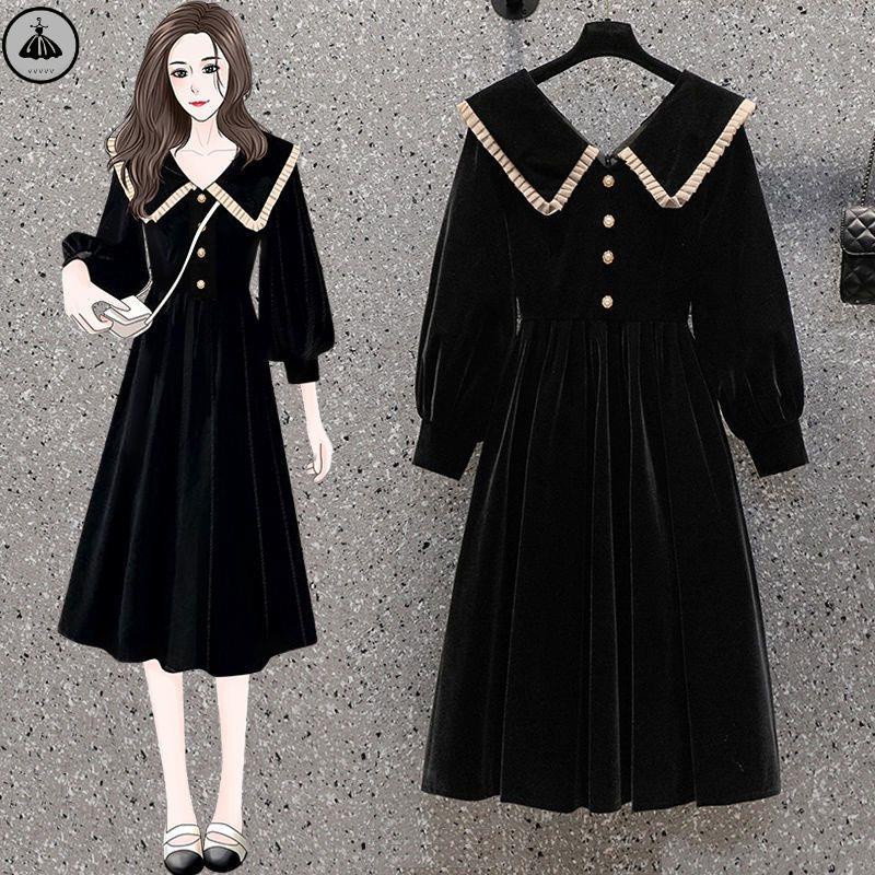 Váy babydoll Đầm Nhung Đen Cổ Búp Bê Phong Cách Hepburn Thời Trang Thu Đông Mới 2022