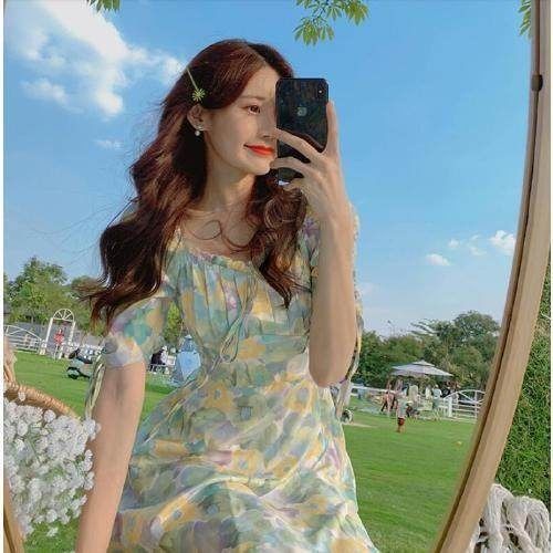 Đầm Chữ a Tay Ngắn Cổ Vuông Màu Xanh Lá In Họa Tiết Hoa Phong Cách Pháp Thời Trang Cho Nữ