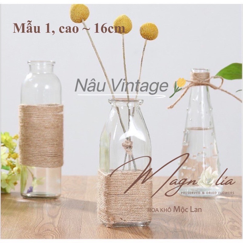 Lọ thủy tinh cắm hoa khô gam màu pastel quấn thừng trang trí vintage