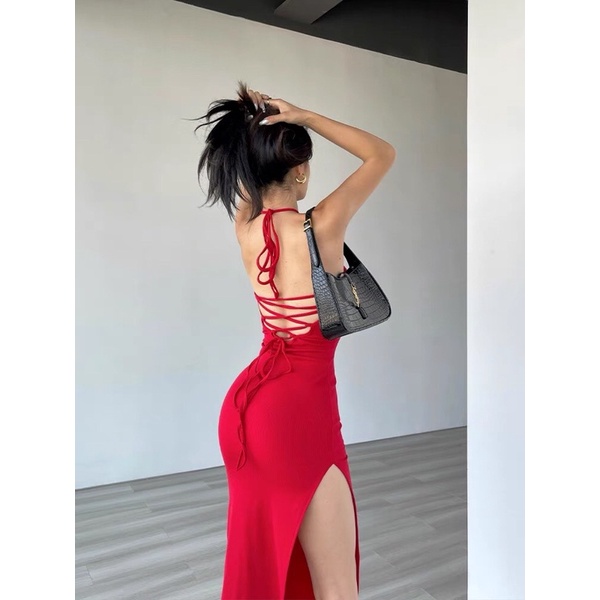 Set đầm ôm body cổ yếm cột dây + áo khoác croptop tay dài nhiều màu hot hit