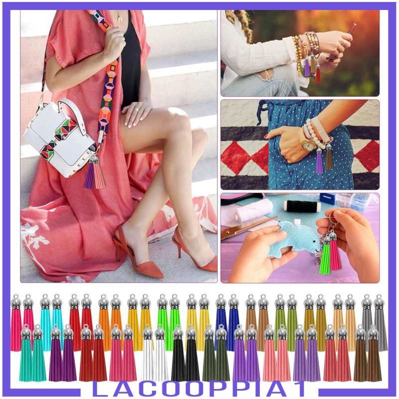 [LACOOPPIA1] 50Pcs Leather Keychain Tassels Pendants Fringe with Split Rings Craft Supply