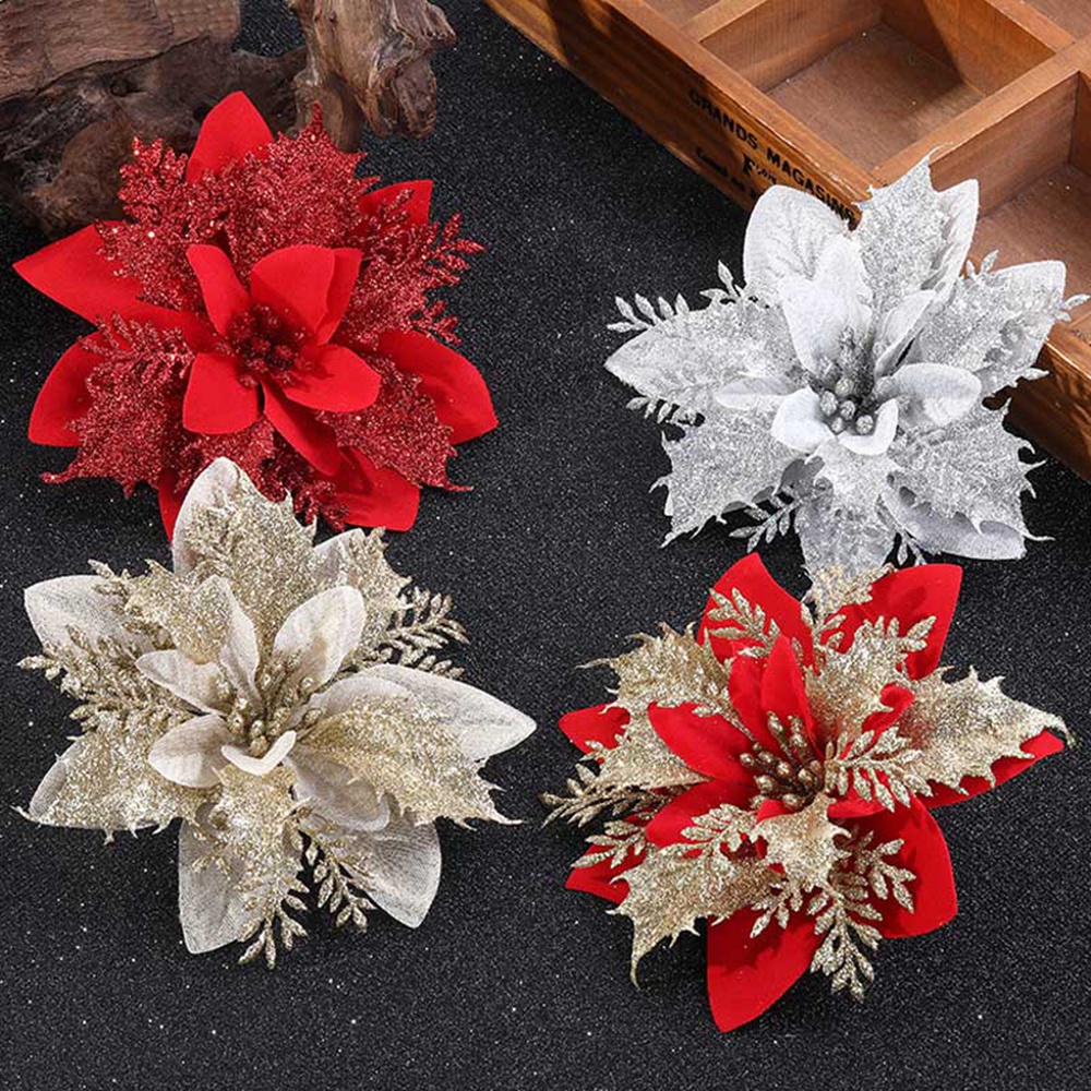 Set 1/5/10 hoa giả màu đỏ lấp lánh dùng trang trí cây thông giáng sinh/năm mới DIY