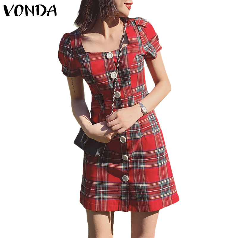VONDA Đầm Nữ Ngắn Tay Cổ Vuông Ca Rô Thời Trang Hàn